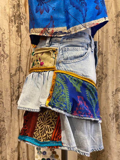 Denim Mini Skirt Sari Fabric Panels* #29