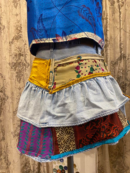 Denim Mini Skirt Sari Fabric Panels* #29