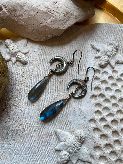 Abalone Moons with Labradorite Drop Earrings