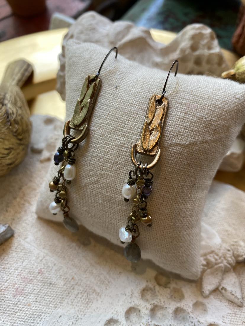 Gold Bar with Dangly Pearls & Labradorite Earrings