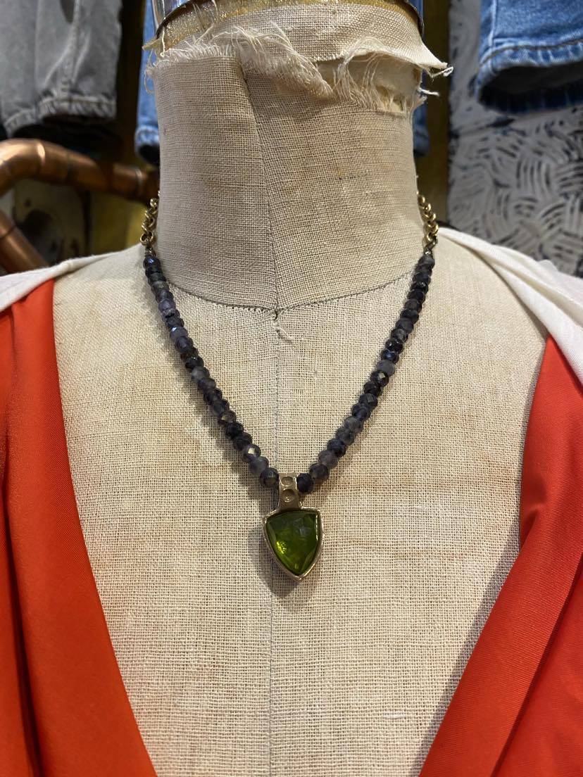 Peridot and Bronze Pendant with Iolite Chain Necklace