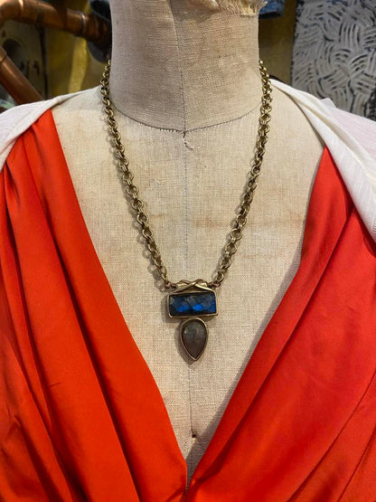 Double Blue & Purple Labradorite Cast Bronze Necklace