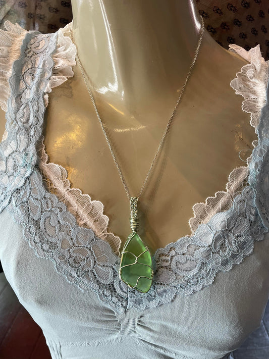 Wire Wrapped Uranium Glass Necklace #IV79