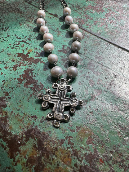 Fresh Water Pearls With Cross Pendent and Pyrite Chain Necklace *724SN53