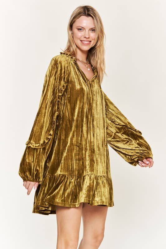 PLUS Crushed Velvet Mini Dress - Olive