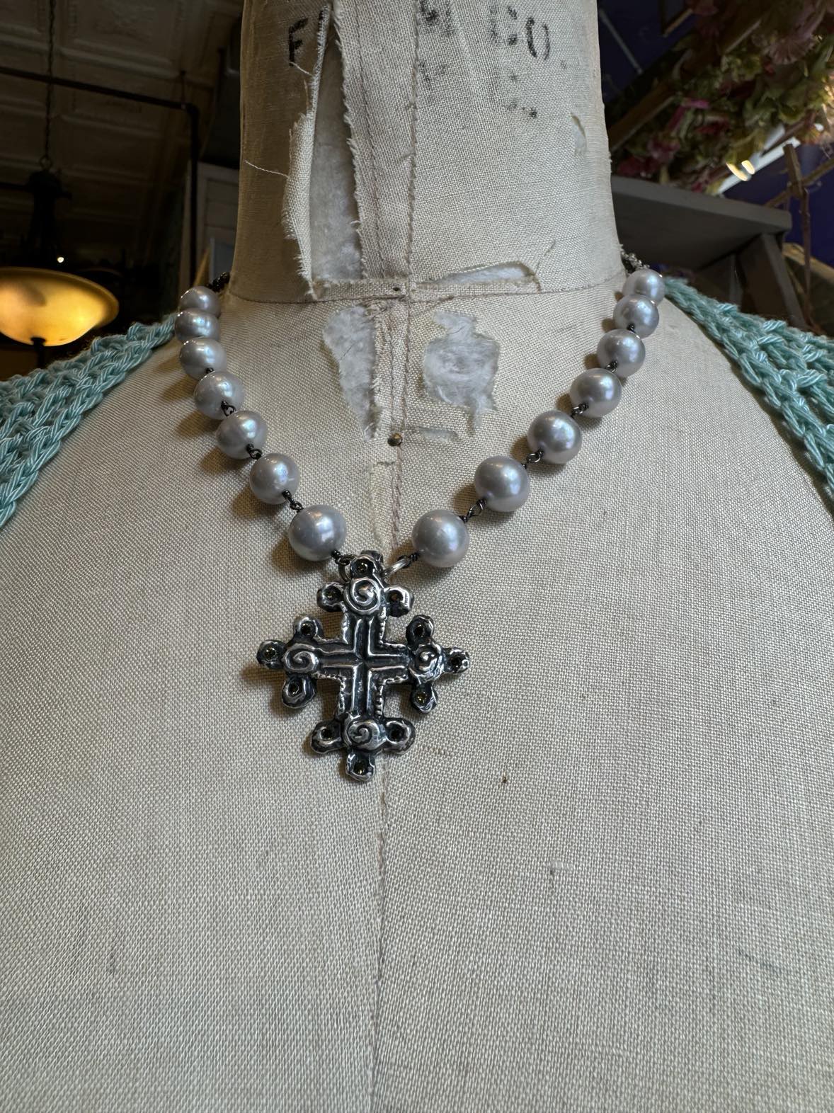 Fresh Water Pearls With Cross Pendent and Pyrite Chain Necklace *724SN53