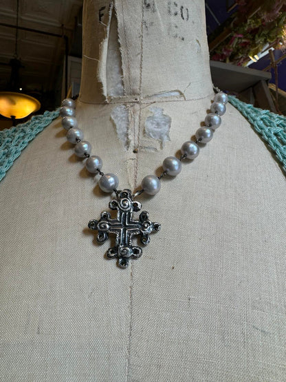 Fresh Water Pearls With Cross Pendent and Pyrite Chain Necklace *724SN53