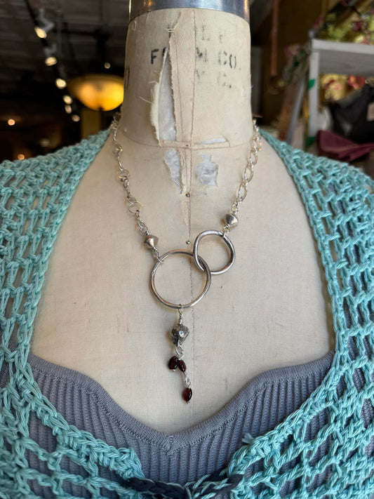 Interlock Circles Seed Pod and Garnet Silver Necklace* #724SN58