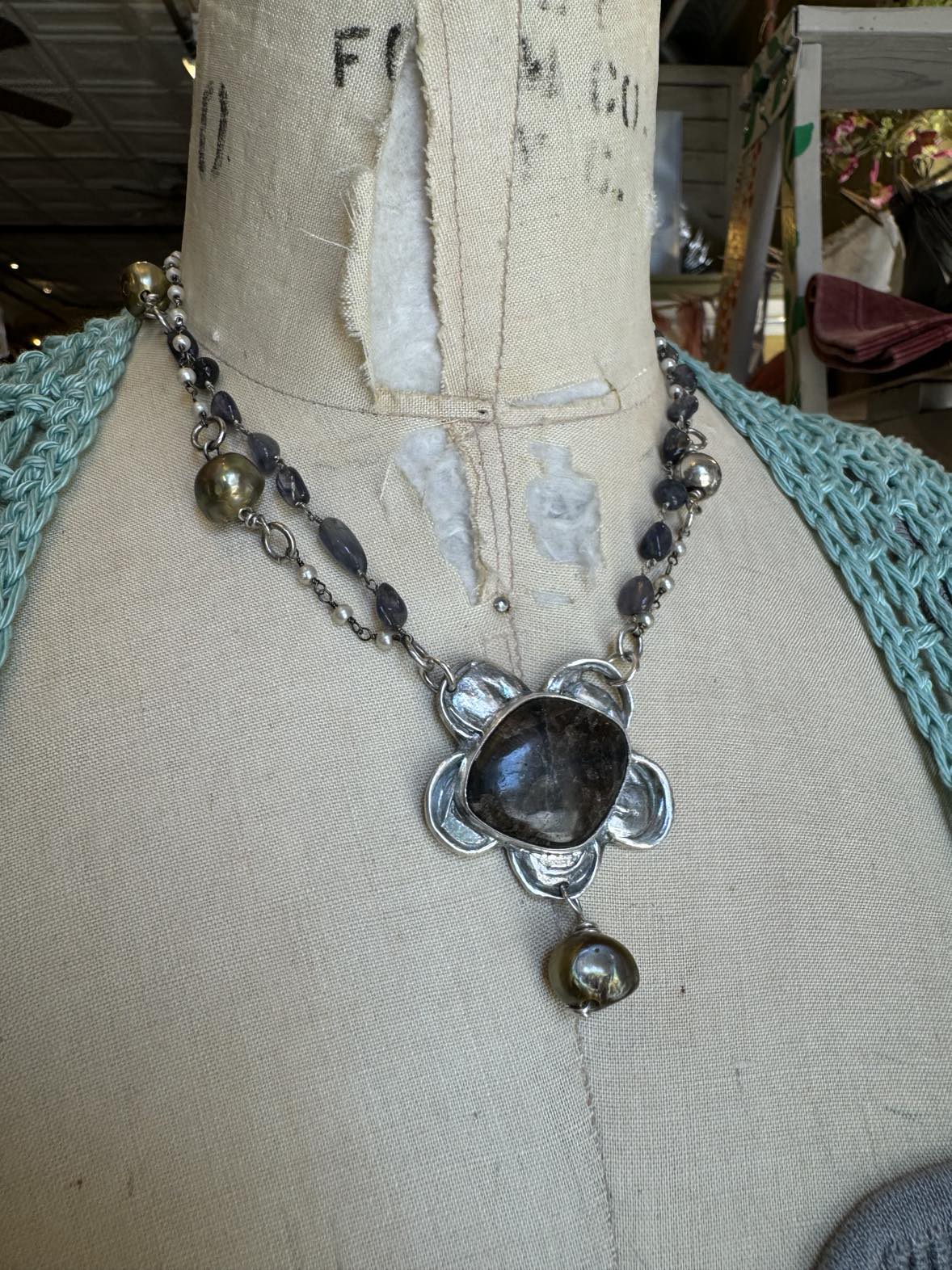 Chiastolite, Fresh Water Pearls and Iolite Silver Flower Necklace* #724SN55