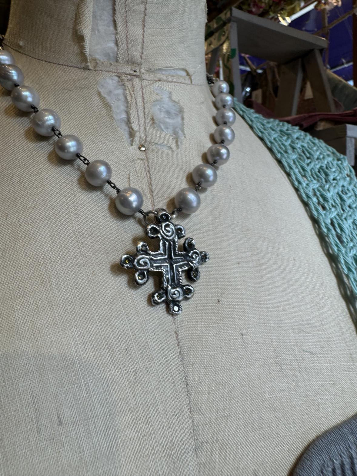 Fresh Water Pearls With Cross Pendent and Pyrite Chain Necklace *724SN53