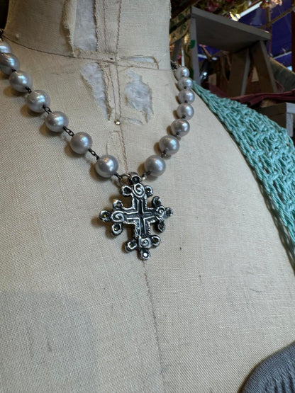 Fresh Water Pearls With Cross Pendent and Pyrite Chain Necklace *724SN53