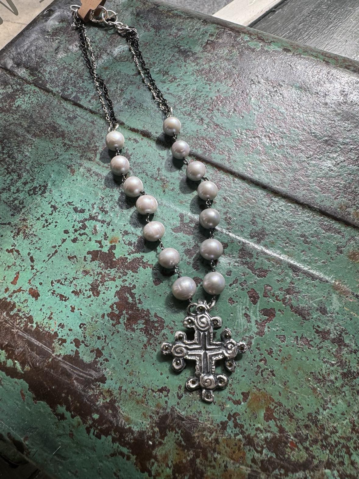 Fresh Water Pearls With Cross Pendent and Pyrite Chain Necklace *724SN53