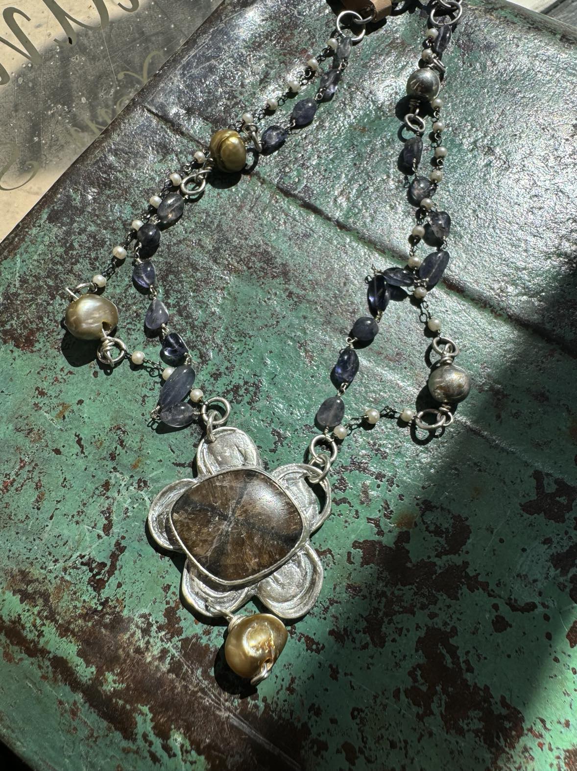 Chiastolite, Fresh Water Pearls and Iolite Silver Flower Necklace* #724SN55