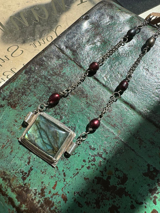 Rectangle Labradorite and Red Fresh Water Pearls Silver Necklace* #724SN61