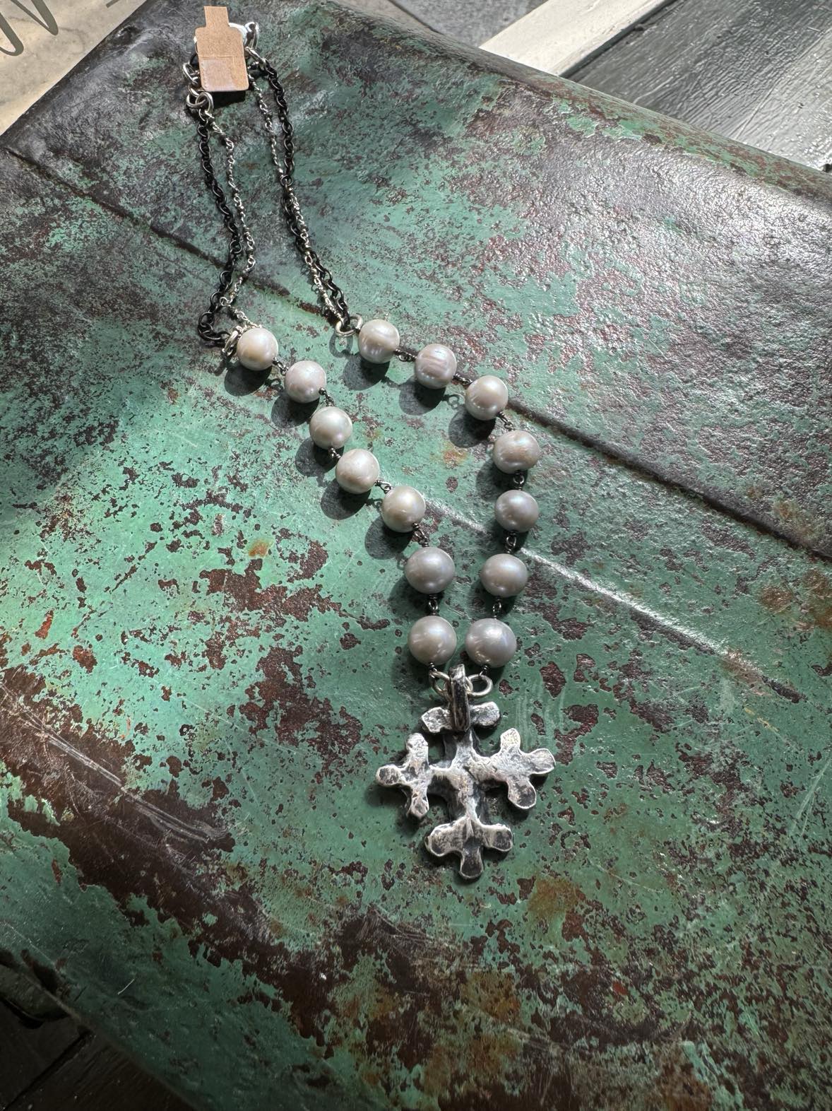 Fresh Water Pearls With Cross Pendent and Pyrite Chain Necklace *724SN53