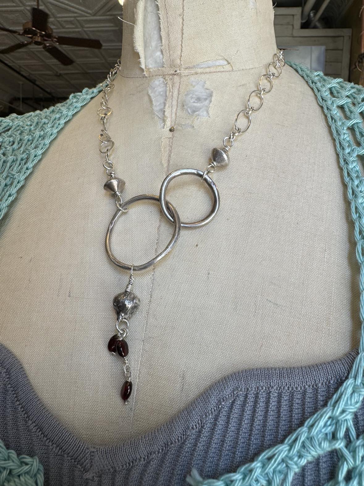 Interlock Circles Seed Pod and Garnet Silver Necklace* #724SN58