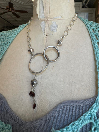 Interlock Circles Seed Pod and Garnet Silver Necklace* #724SN58