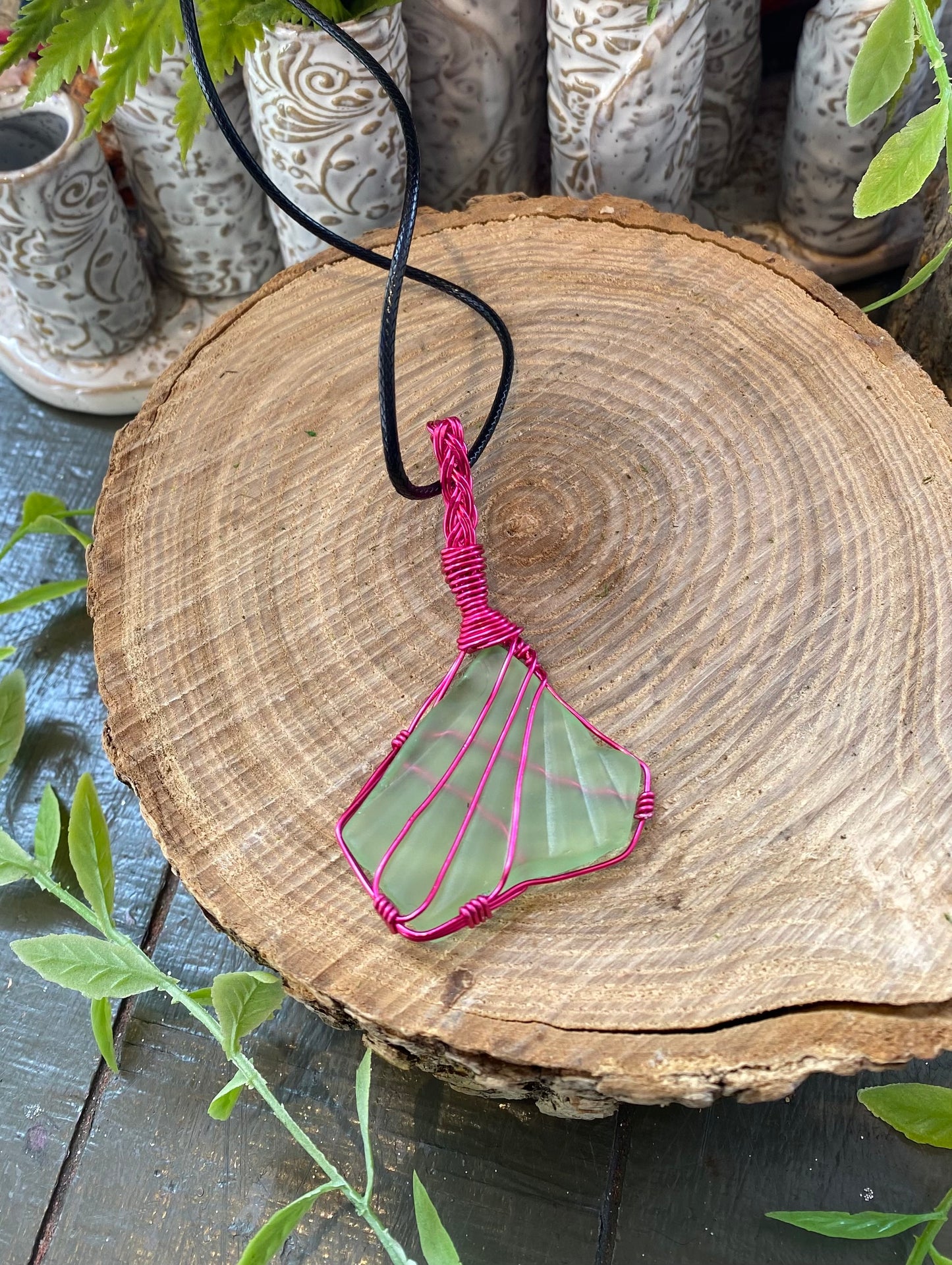 Hot Pink Wire Wrapped Uranium Glass Necklace #IV107