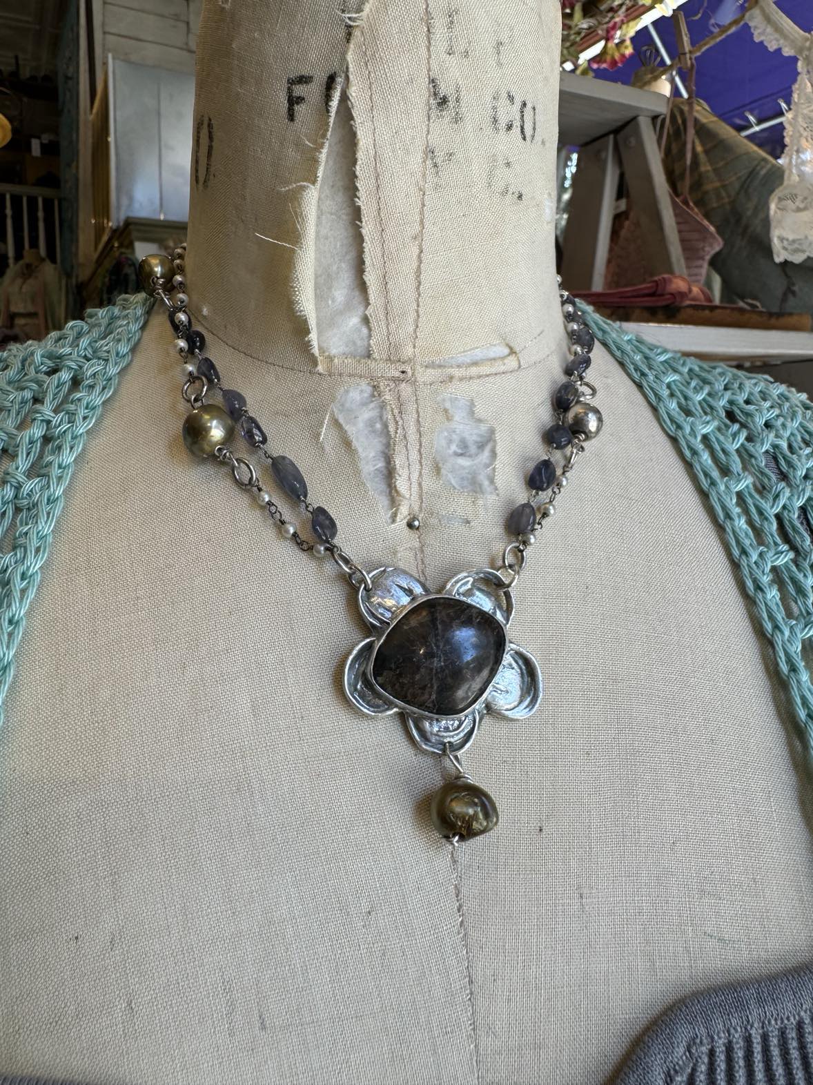 Chiastolite, Fresh Water Pearls and Iolite Silver Flower Necklace* #724SN55