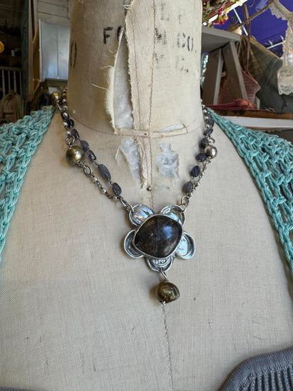 Chiastolite, Fresh Water Pearls and Iolite Silver Flower Necklace* #724SN55