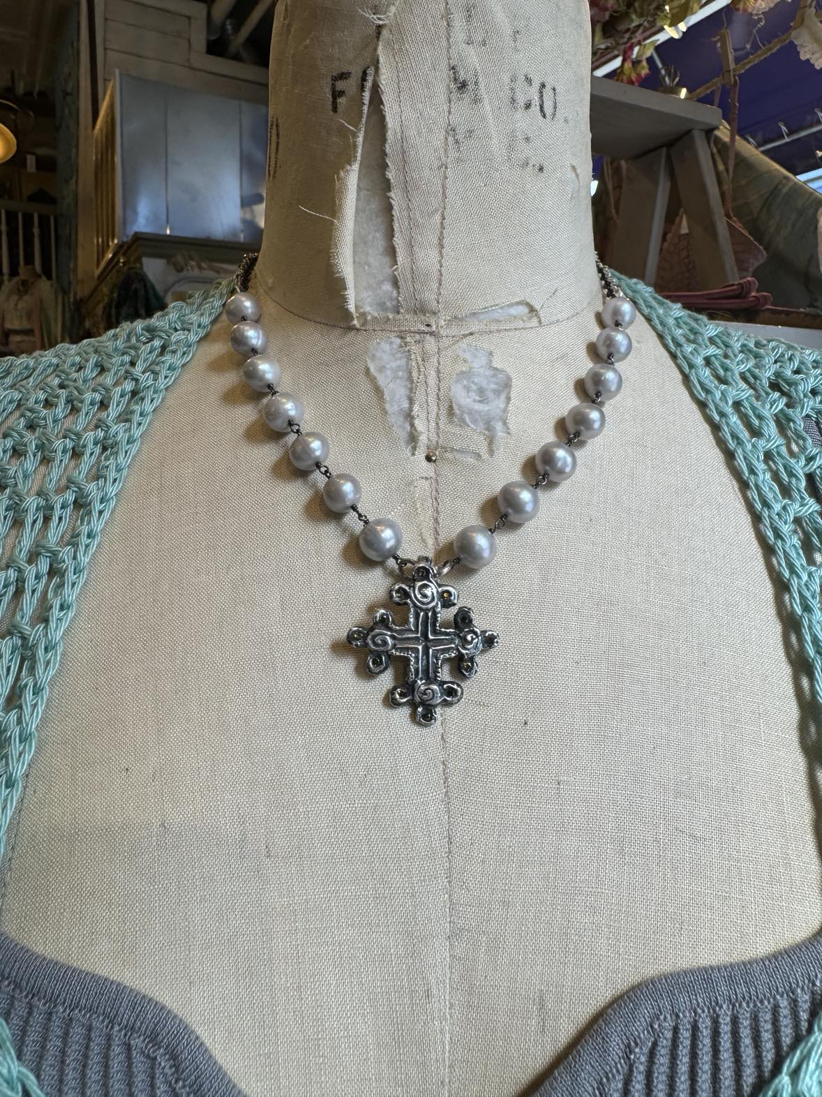 Fresh Water Pearls With Cross Pendent and Pyrite Chain Necklace *724SN53