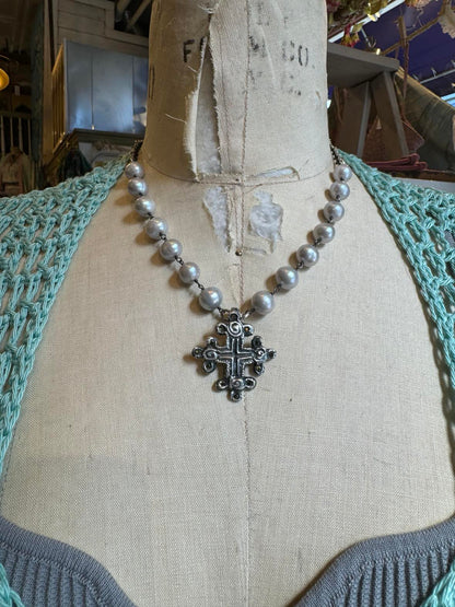 Fresh Water Pearls With Cross Pendent and Pyrite Chain Necklace *724SN53