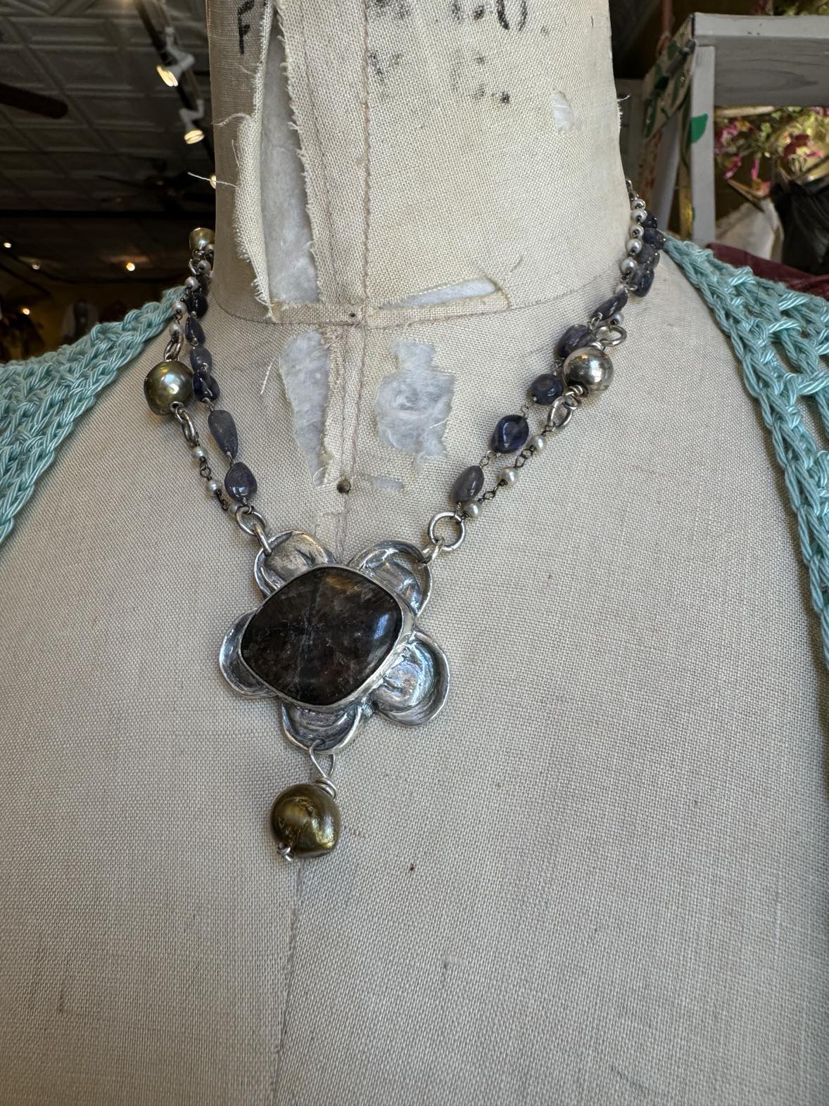 Chiastolite, Fresh Water Pearls and Iolite Silver Flower Necklace* #724SN55