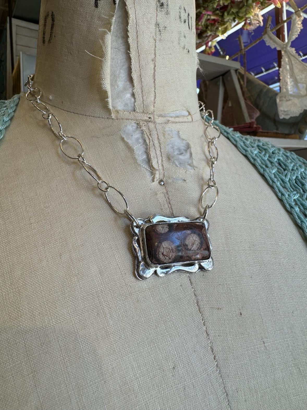 Agate Rectangle Silver Chain Necklace* #724SN60