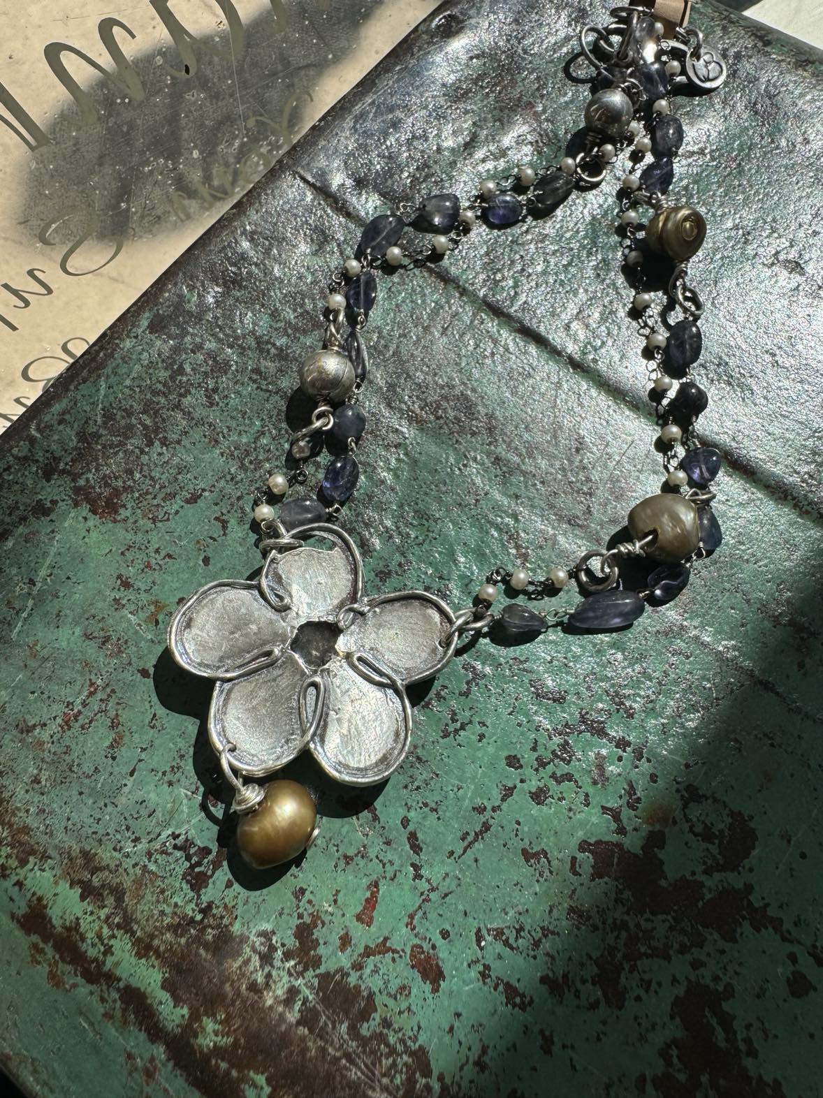 Chiastolite, Fresh Water Pearls and Iolite Silver Flower Necklace* #724SN55