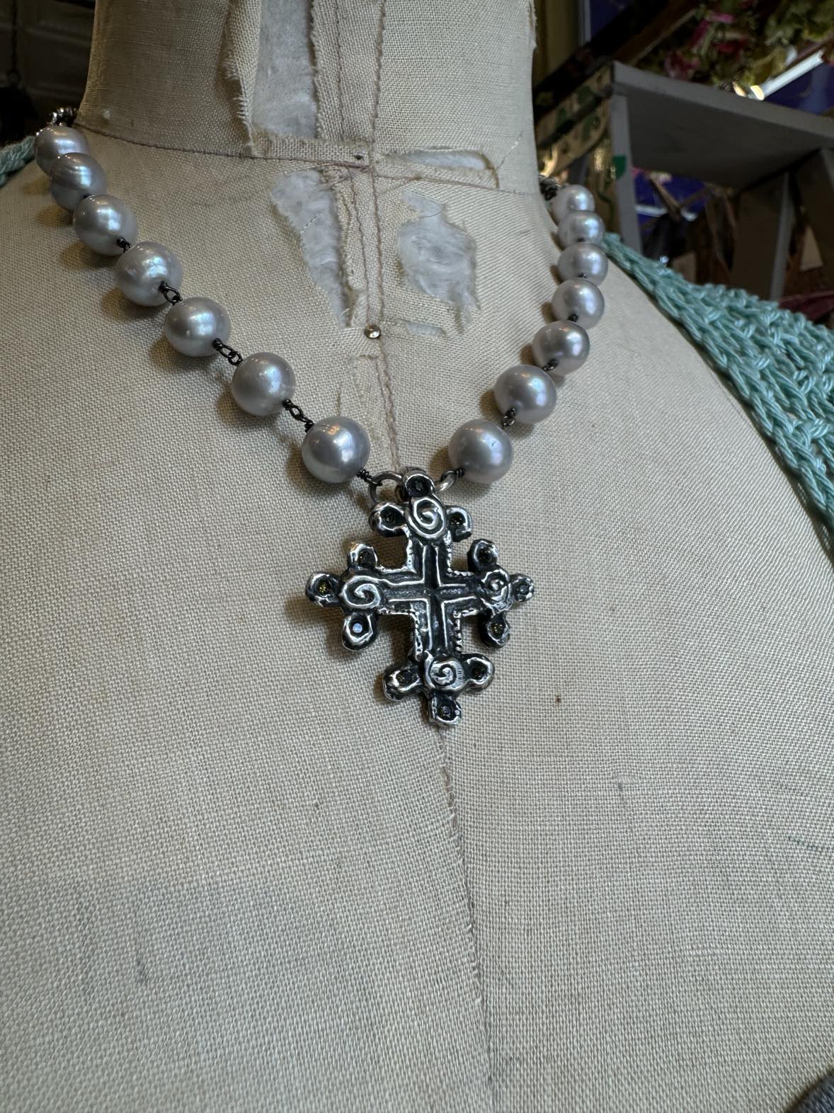 Fresh Water Pearls With Cross Pendent and Pyrite Chain Necklace *724SN53