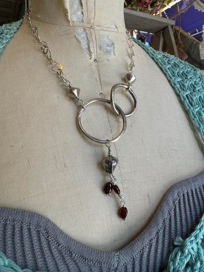 Interlock Circles Seed Pod and Garnet Silver Necklace* #724SN58