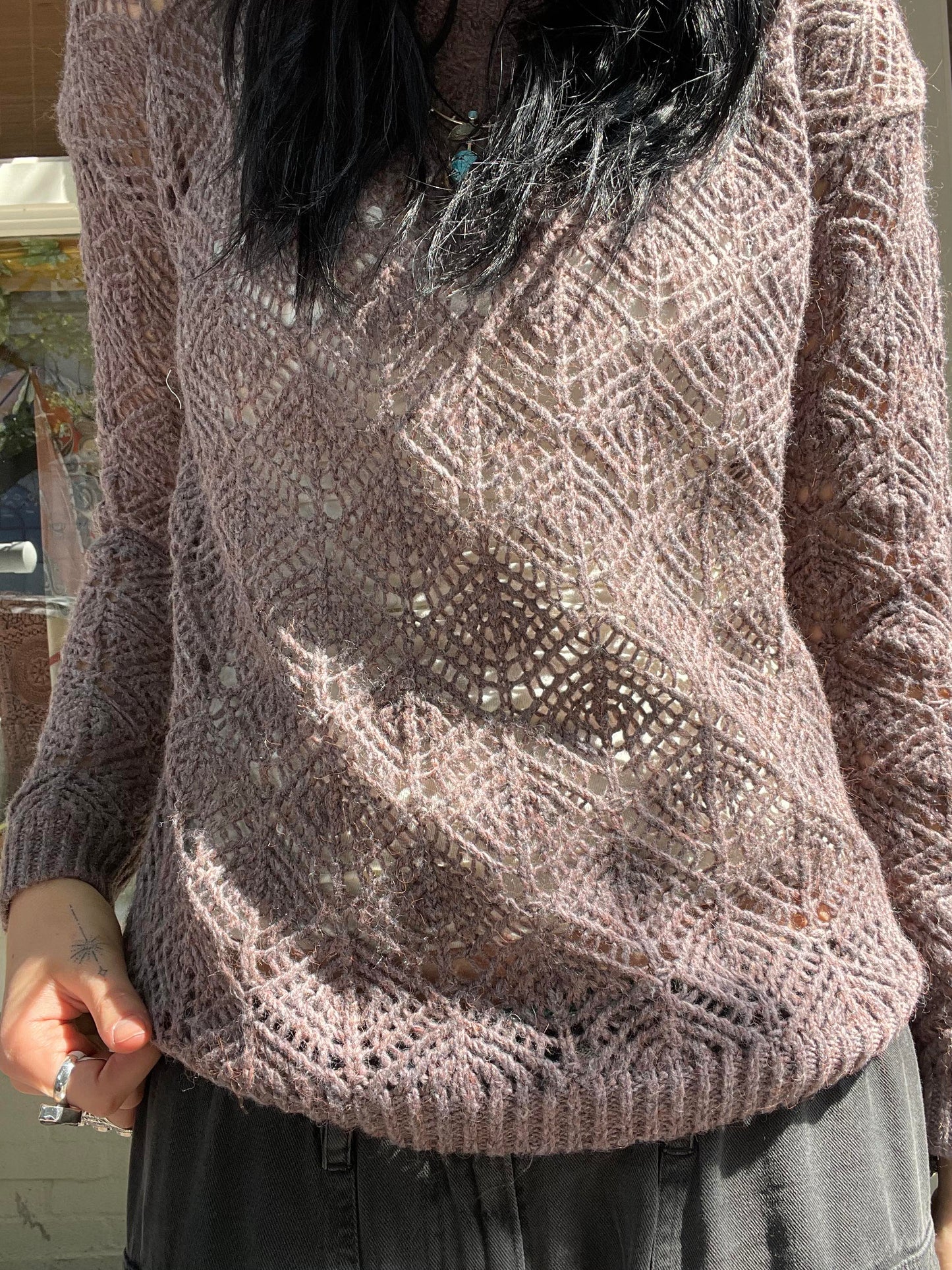 Long Sleeve Crew Neck Crochet Sweater - Taupe