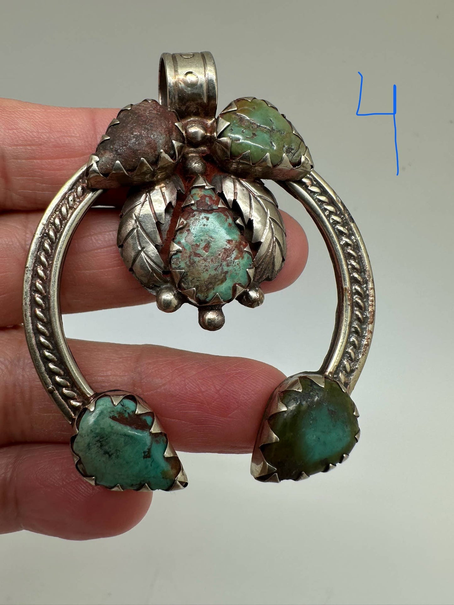 Blossom pendant, handcrafted, white metal - turquoise