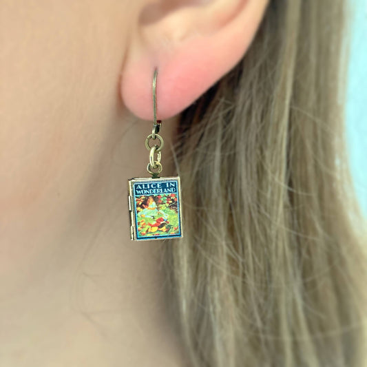 Earrings Book Locket Alice In Wonderland - Rabbit Running