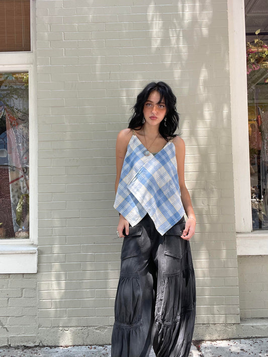 Upcycled Plaid Blue & White Tank* #41