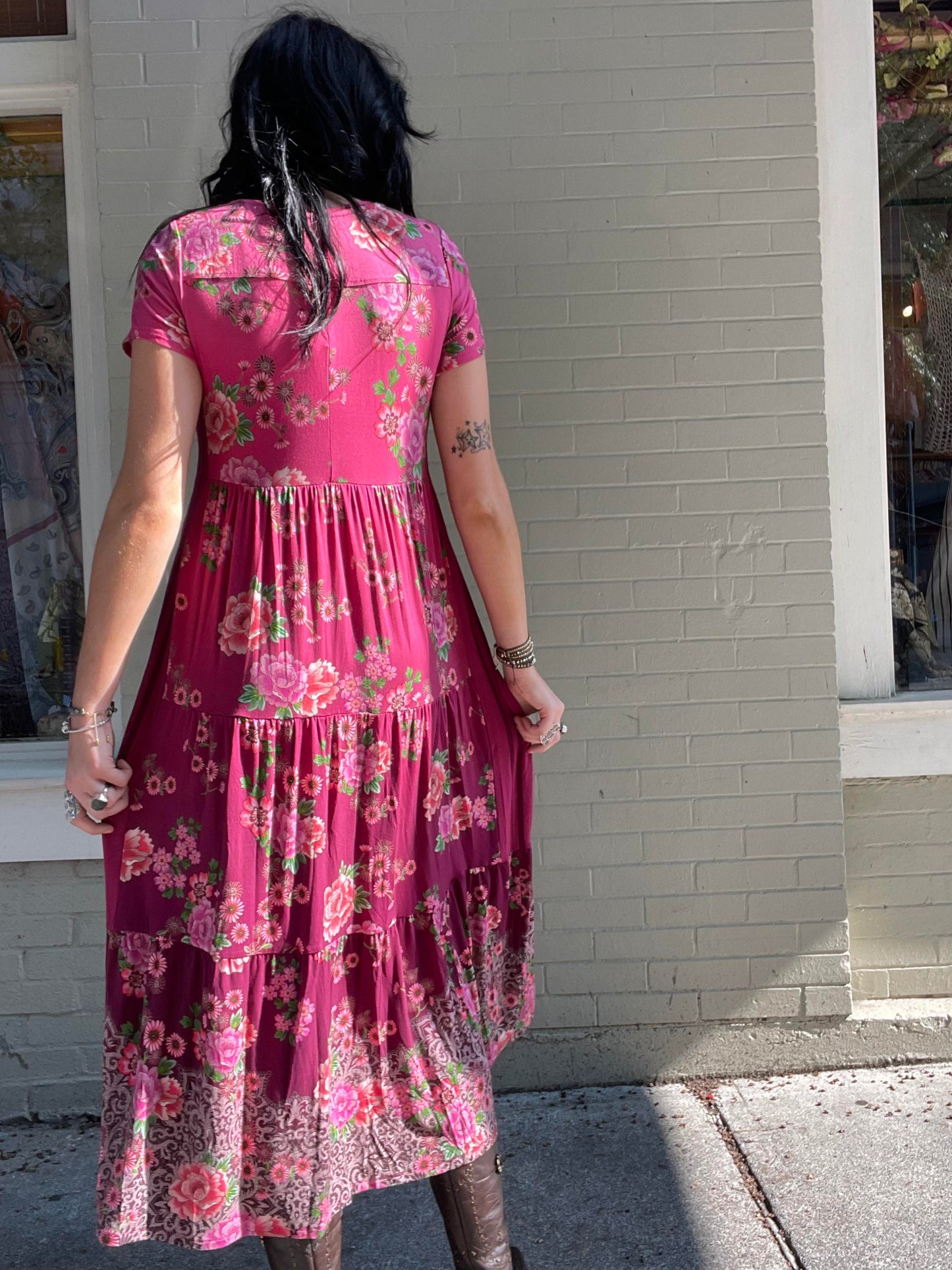 Tiered Cap Sleeve Dress - Pink Lace Scarf Print