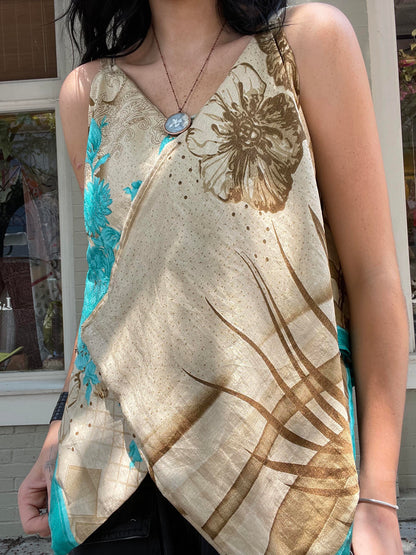 Upcycled Sari Fabric Blue & Gold Tank #40