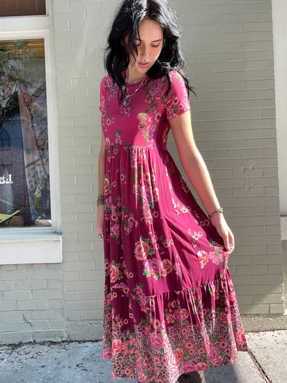 Tiered Cap Sleeve Dress - Pink Lace Scarf Print