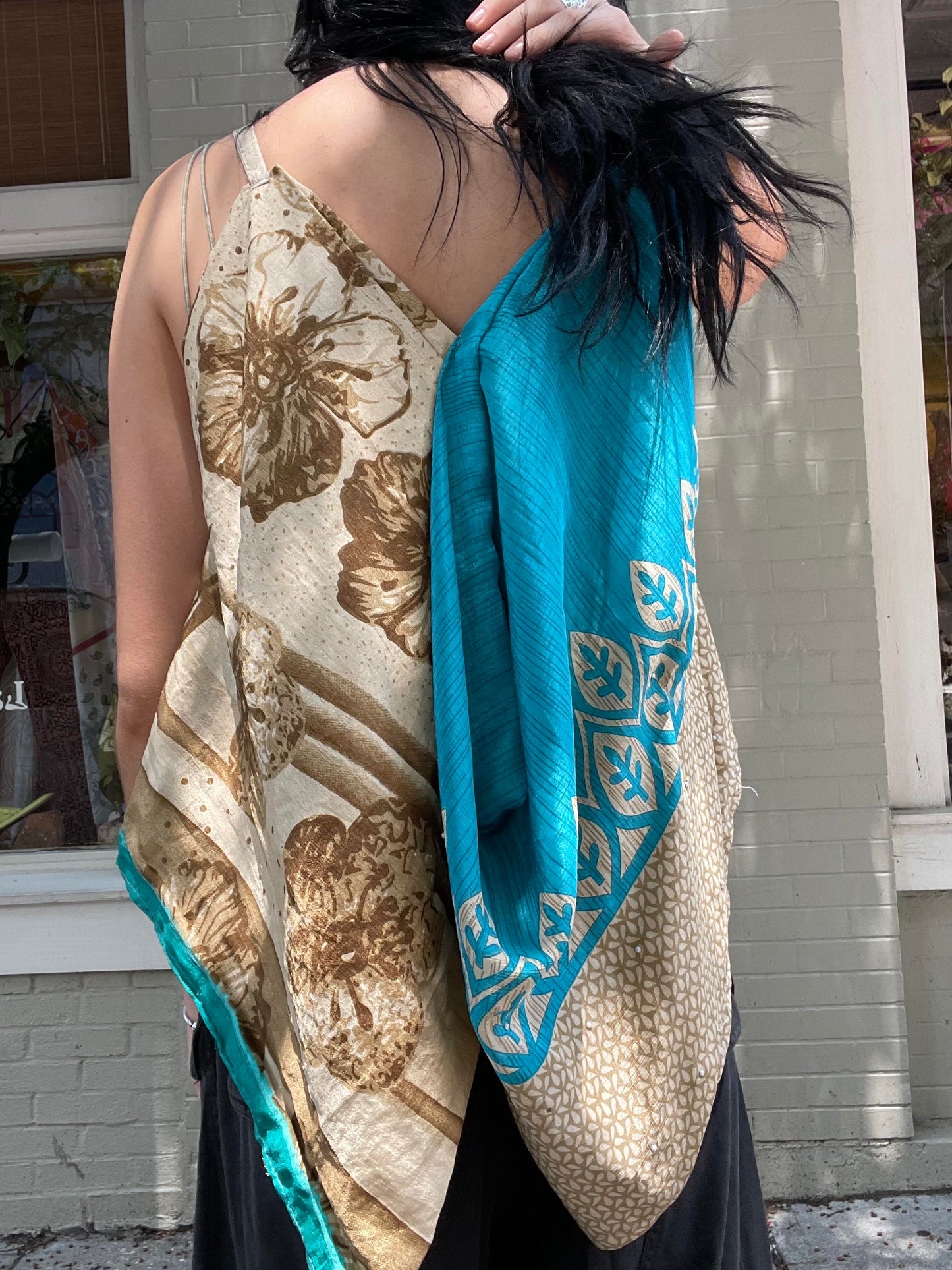 Upcycled Sari Fabric Blue & Gold Tank #40