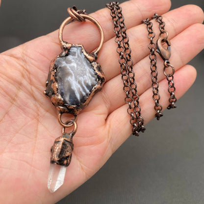 Vintage Onyx & White Crystal Bronze Necklace - CS