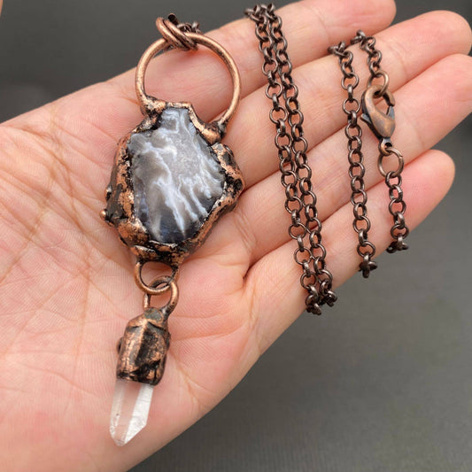 Vintage Onyx & White Crystal Bronze Necklace - CS