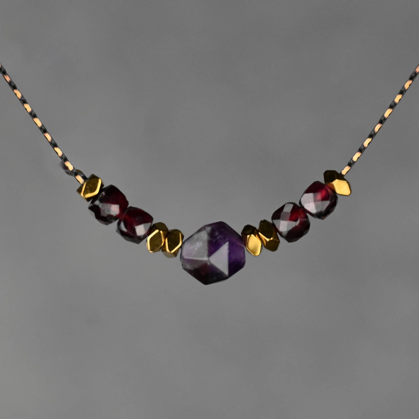 Semi Precious Amethyst & Garnet Star Cut and Cube Combo Necklace