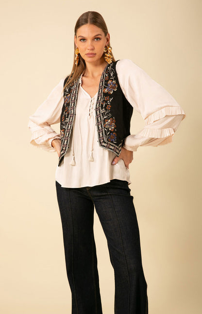 Madeleine Embroidered Linen Vest - Black