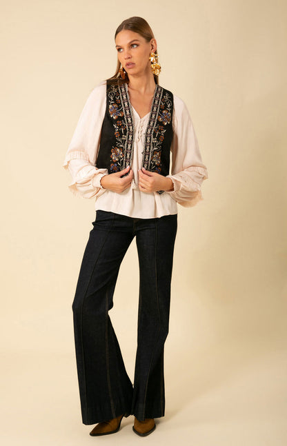 Madeleine Embroidered Linen Vest - Black