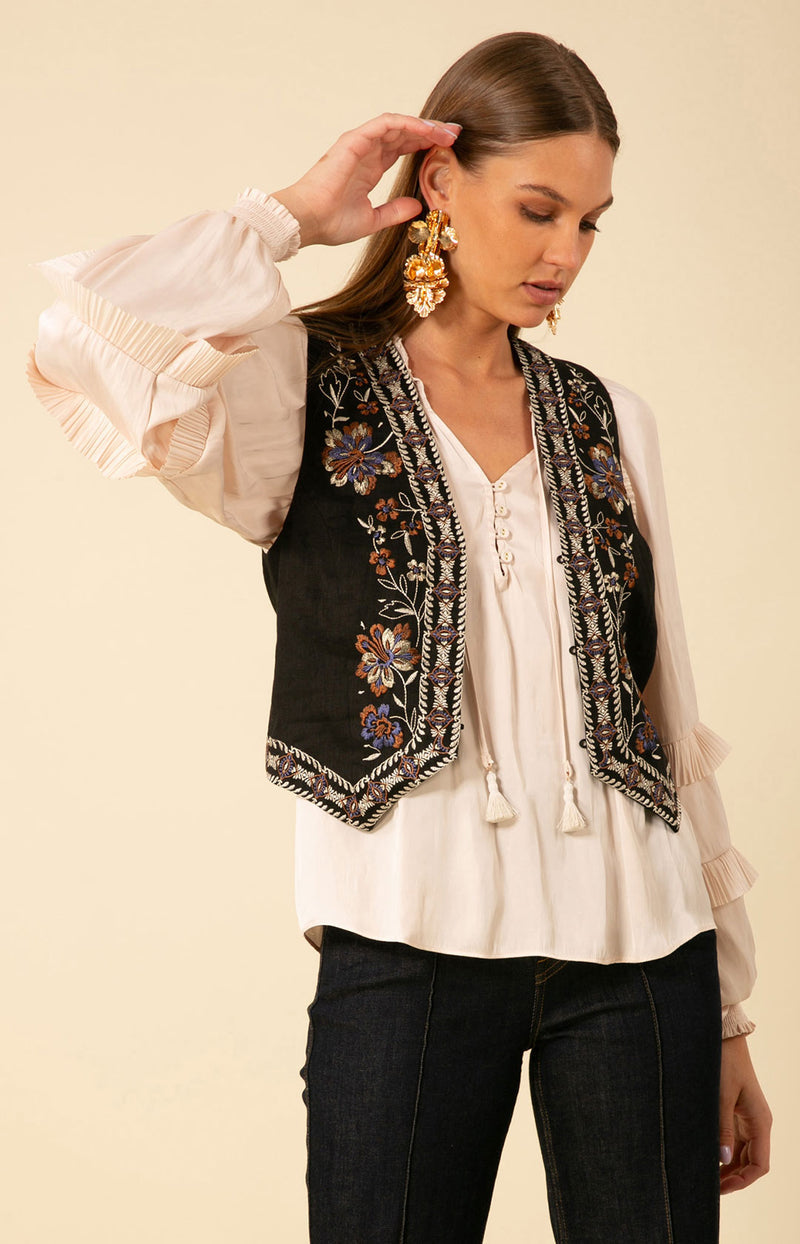 Madeleine Embroidered Linen Vest - Black