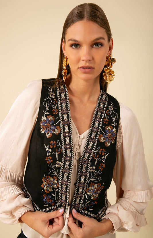 Madeleine Embroidered Linen Vest - Black