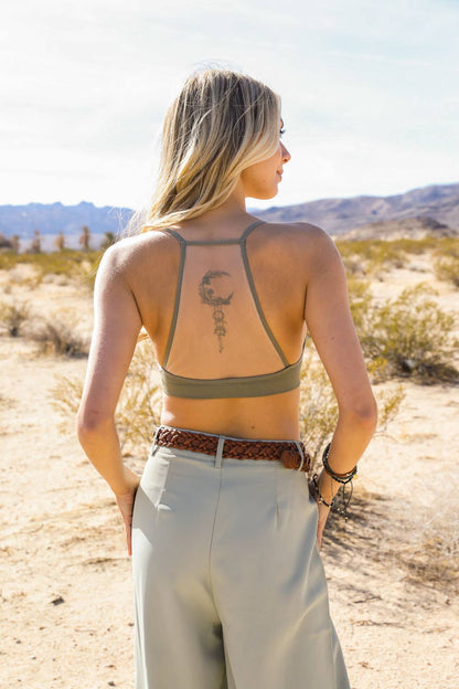 Crescent Moon Dream Catcher Tattoo Mesh Bralette - Olive
