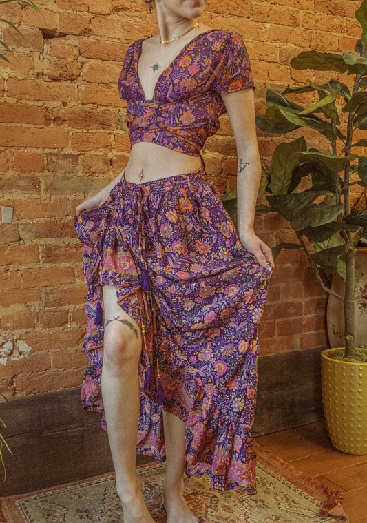 Hippie Boho Silk Cinch Skirt, Ruffle Floral Maxi Skirt - Purple Flower