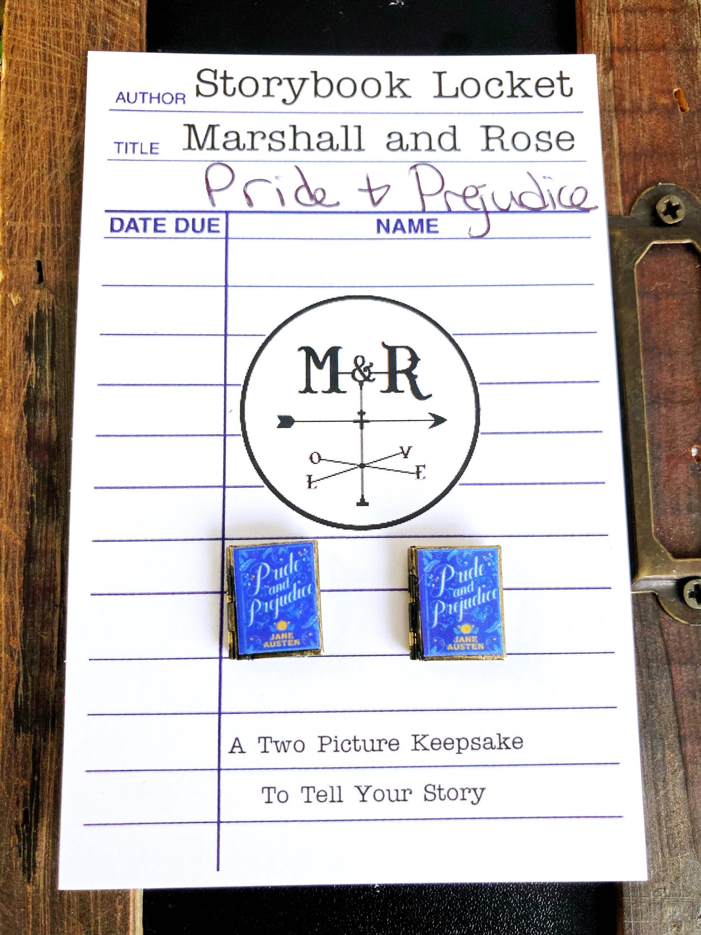 Post Earrings Book Locket Pride and Prejudice- Blue Filagree