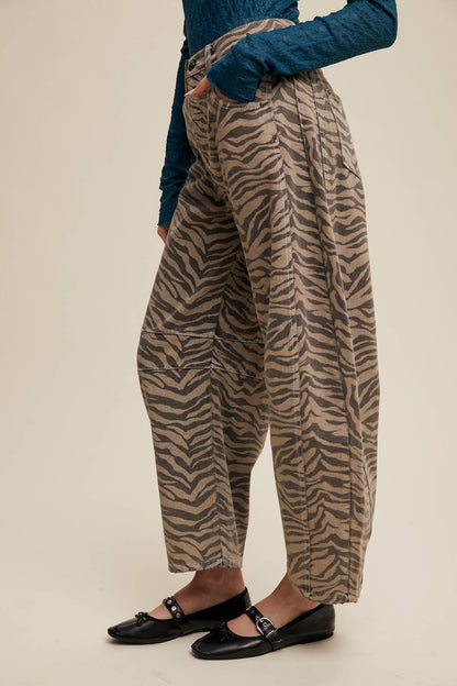 Zebra Print Barrel Jeans - Mocha